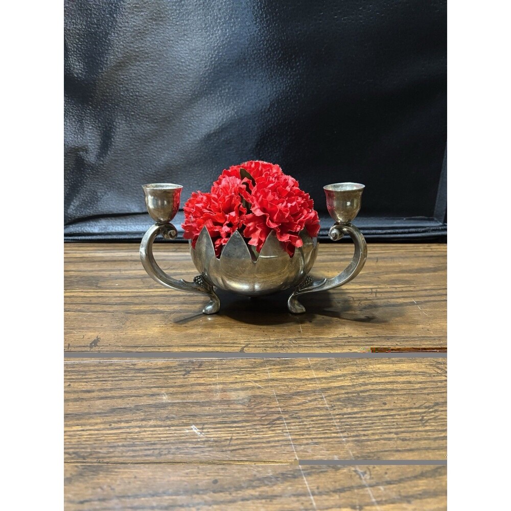 Vintage Davco  Silver Lotus Centerpiece Bowl/Candleholder With Worn Original Box